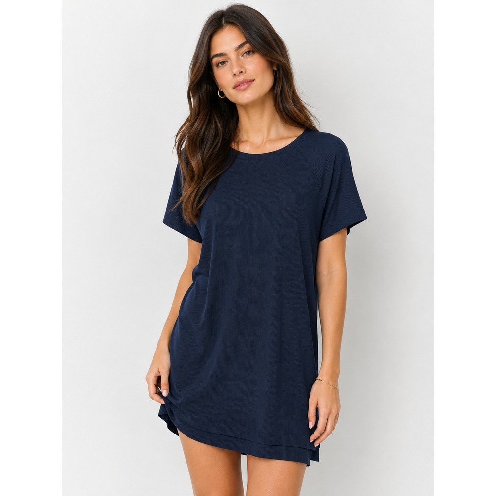 Double Zero Navy Blue Ribbed Knit Short Sleeve Shift T-Shirt Dress Medium